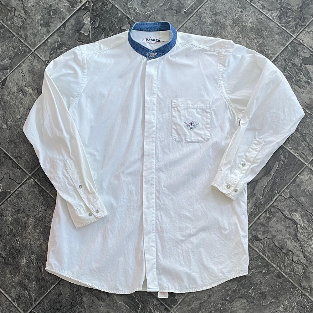 MWG Blue Denim Stand-up Collar Button-up Shirt Western Rodeo Country Cowboy Y2K